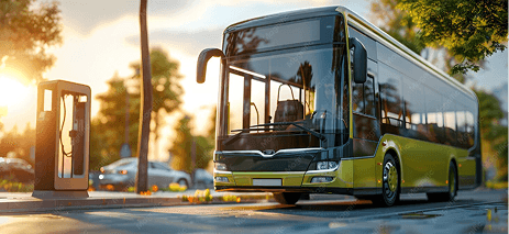 Electric bus charging at sunset